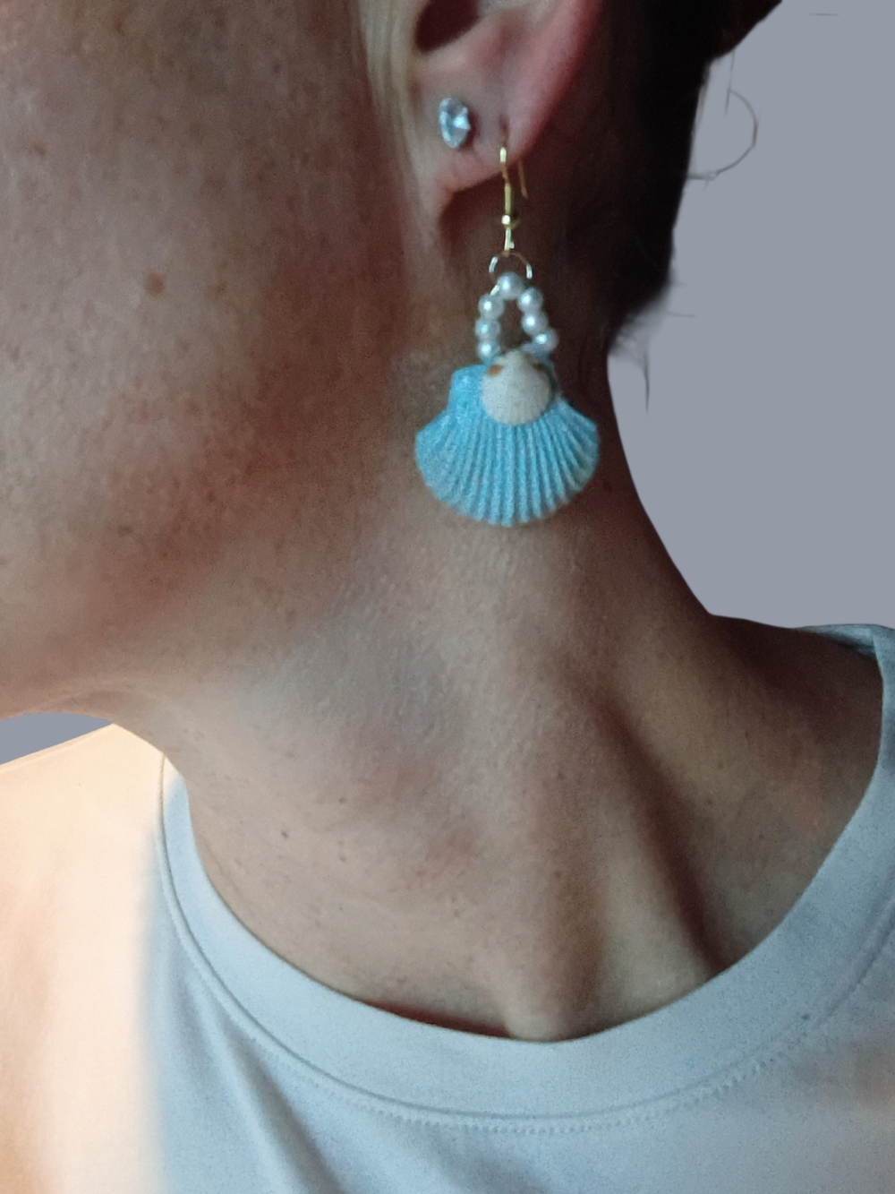 Handcrafted Blue Shell Pearl Drop Earrings